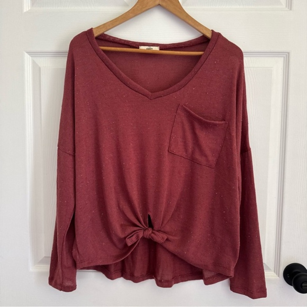 Entro Knit Long Sleeve Top Women’s Small Red V-Neck Tie Front Pocket